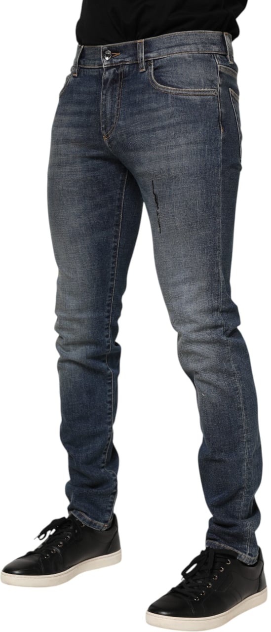 Dolce & Gabbana Blue Washed Cotton Skinny Men Denim Jeans Blauw