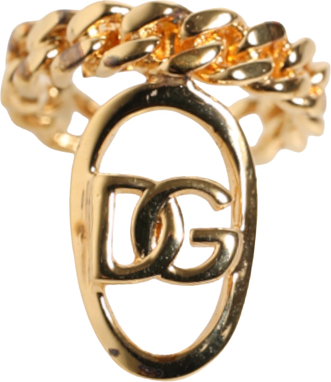 Dolce & Gabbana Gold Tone Brass Oval DG Logo Chain Adjustable Ring Goud