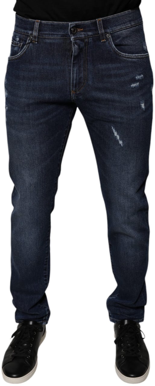 Dolce & Gabbana Dark Blue Cotton Logo Skinny Denim Jeans Blauw