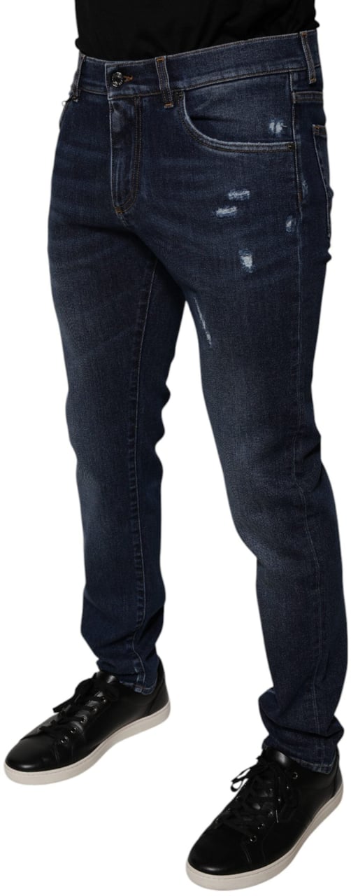 Dolce & Gabbana Dark Blue Cotton Logo Skinny Denim Jeans Blauw