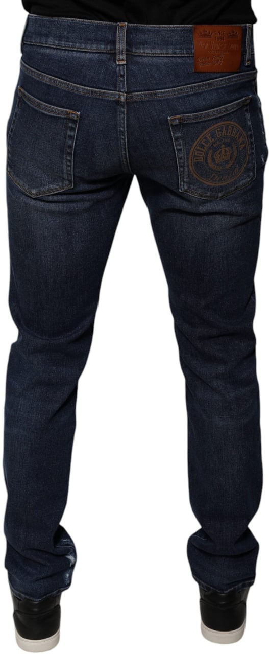 Dolce & Gabbana Dark Blue Cotton Logo Skinny Denim Jeans Blauw