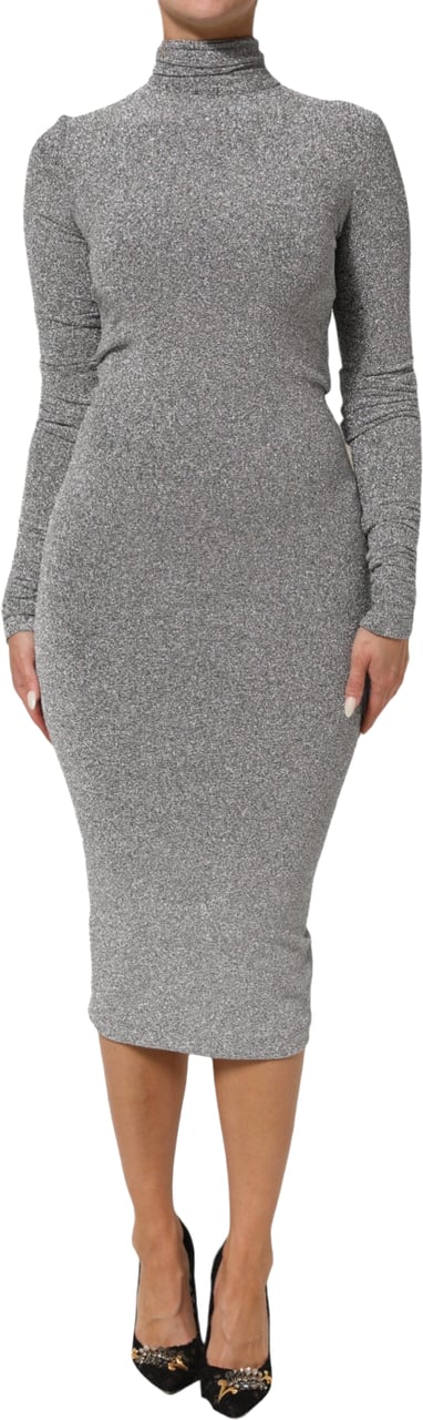 Dolce & Gabbana Gray Nylon Bodycon Sheath Long Sleeves Dress Grijs
