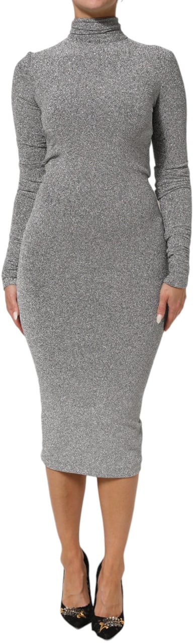 Dolce & Gabbana Gray Nylon Bodycon Sheath Long Sleeves Dress Grijs