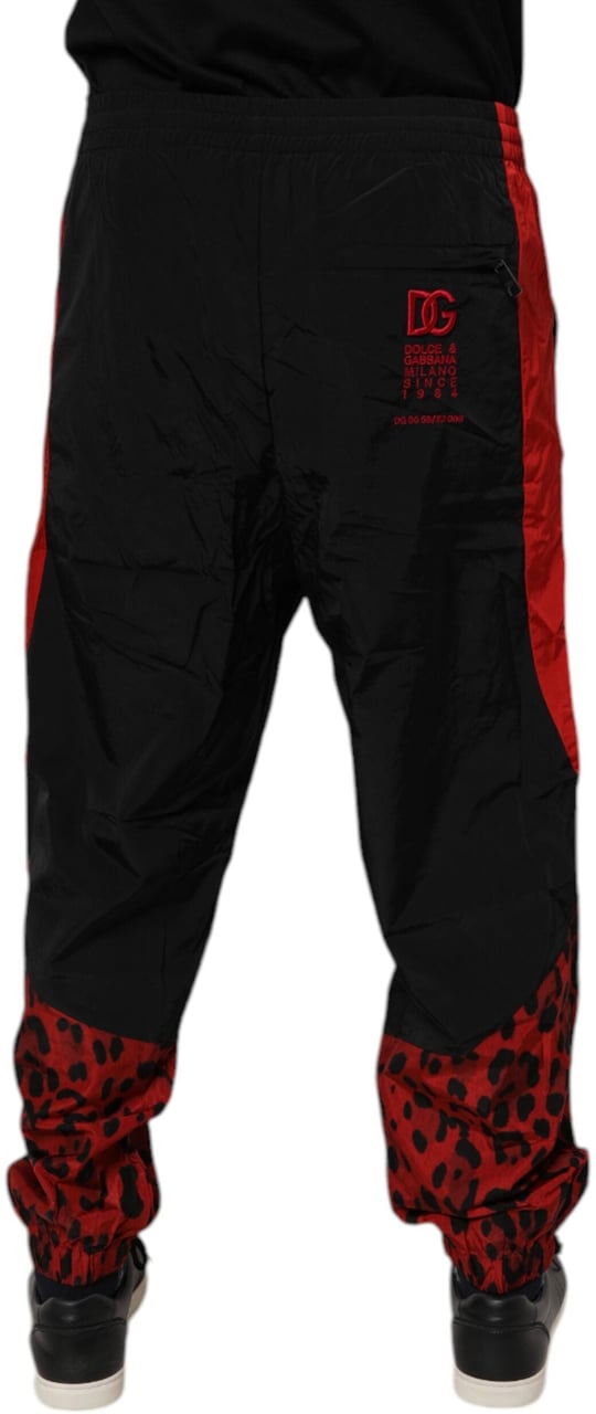 Dolce & Gabbana Black Red Leopard Print Nylon Jogger Pants Zwart