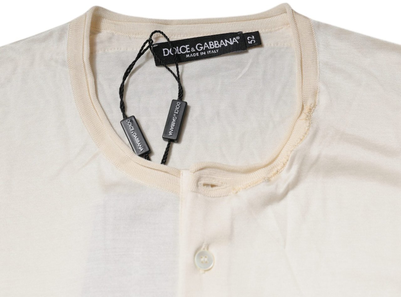 Dolce & Gabbana Off White Silk Henley Short Sleeves T-Shirt Zwart