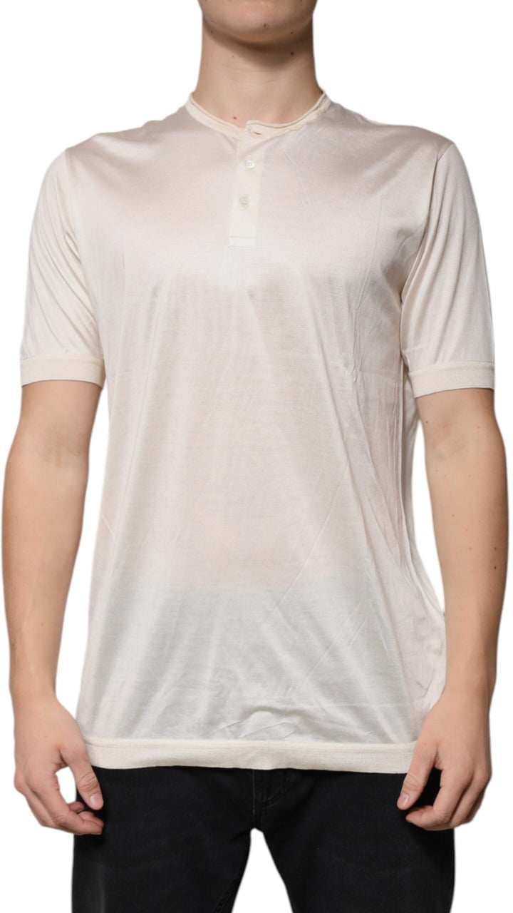 Dolce & Gabbana Off White Silk Henley Short Sleeves T-Shirt Zwart