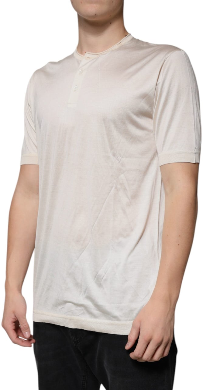 Dolce & Gabbana Off White Silk Henley Short Sleeves T-Shirt Zwart