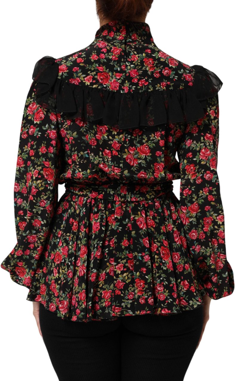 Dolce & Gabbana Black Floral Print Long Sleeve Blouse Top Zwart
