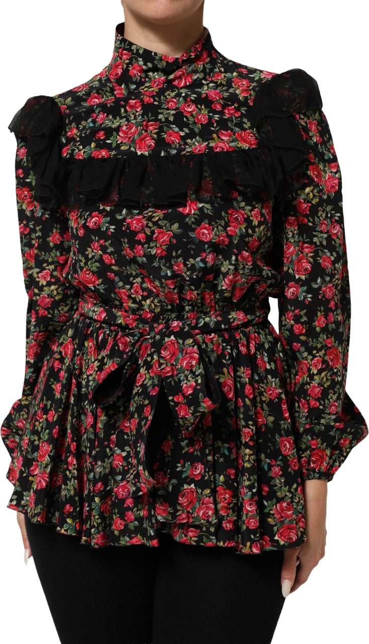 Dolce & Gabbana Black Floral Print Long Sleeve Blouse Top Zwart