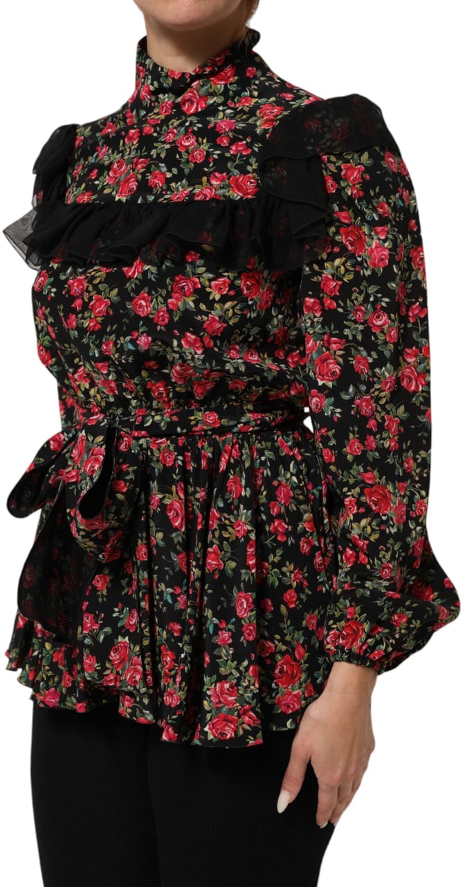 Dolce & Gabbana Black Floral Print Long Sleeve Blouse Top Zwart