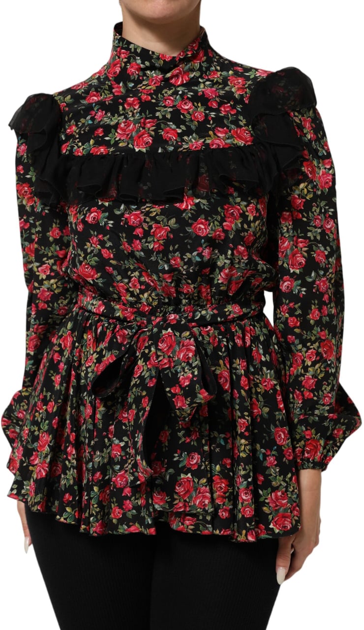 Dolce & Gabbana Black Floral Print Long Sleeve Blouse Top Zwart