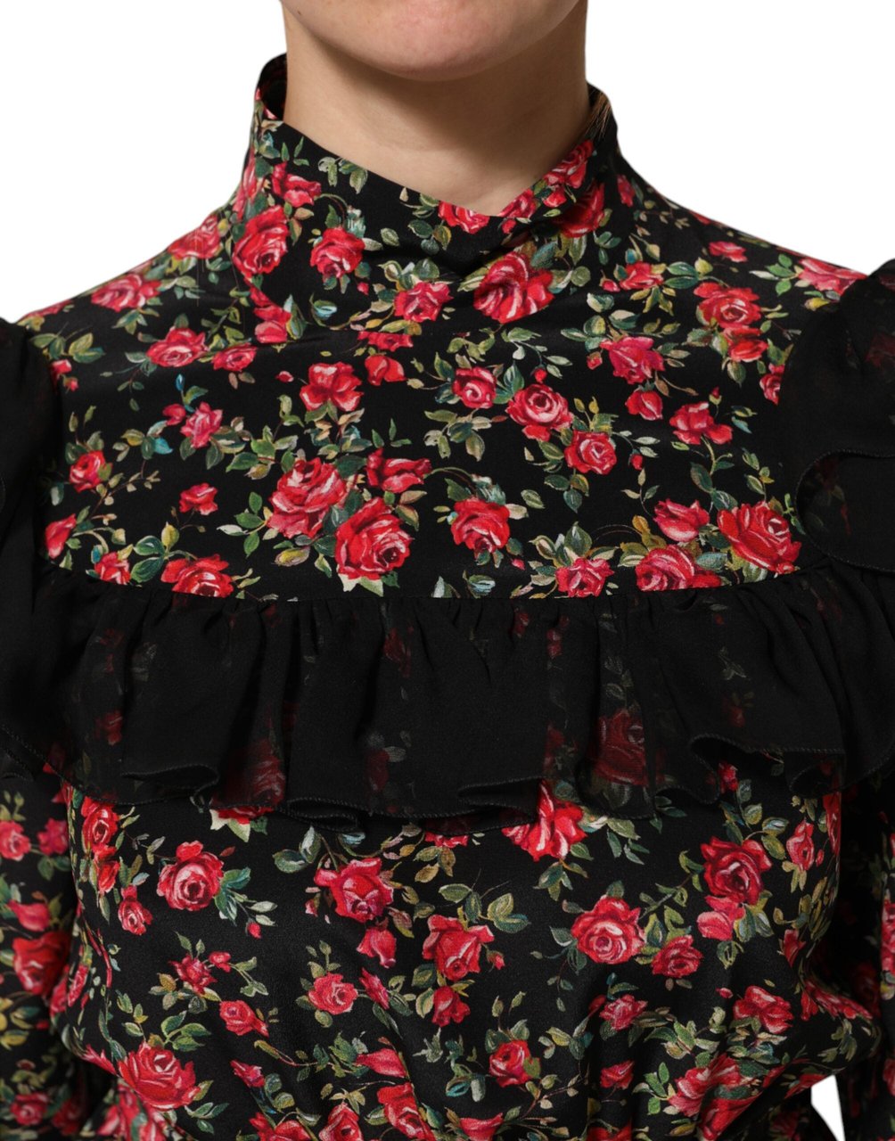 Dolce & Gabbana Black Floral Print Long Sleeve Blouse Top Zwart