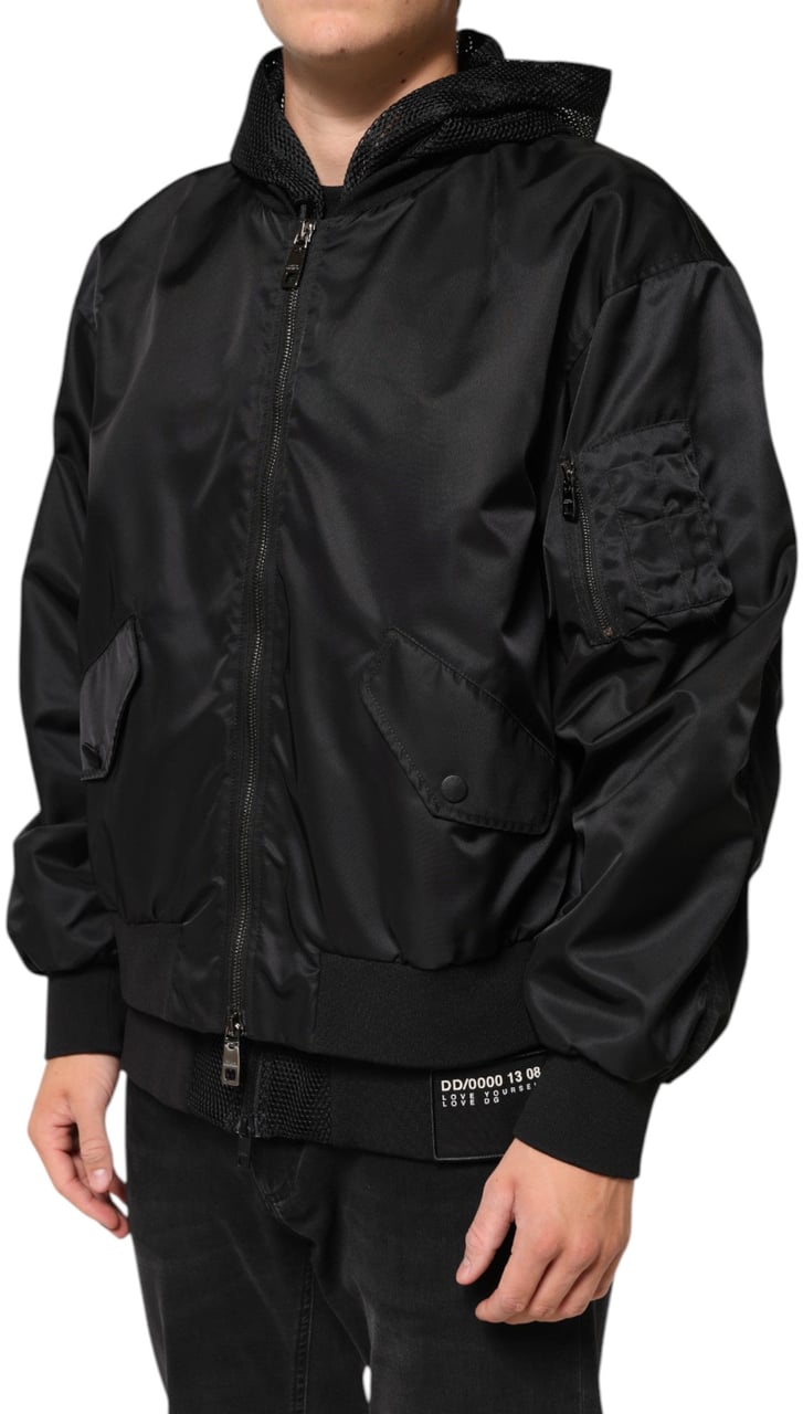 Dolce & Gabbana Black Nylon Hooded Full Zip Bomber Men Jacket Zwart