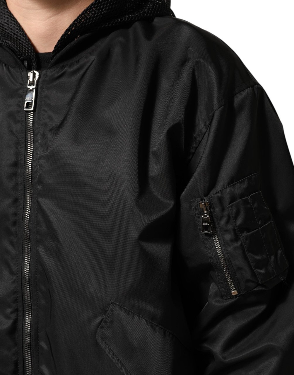 Dolce & Gabbana Black Nylon Hooded Full Zip Bomber Men Jacket Zwart