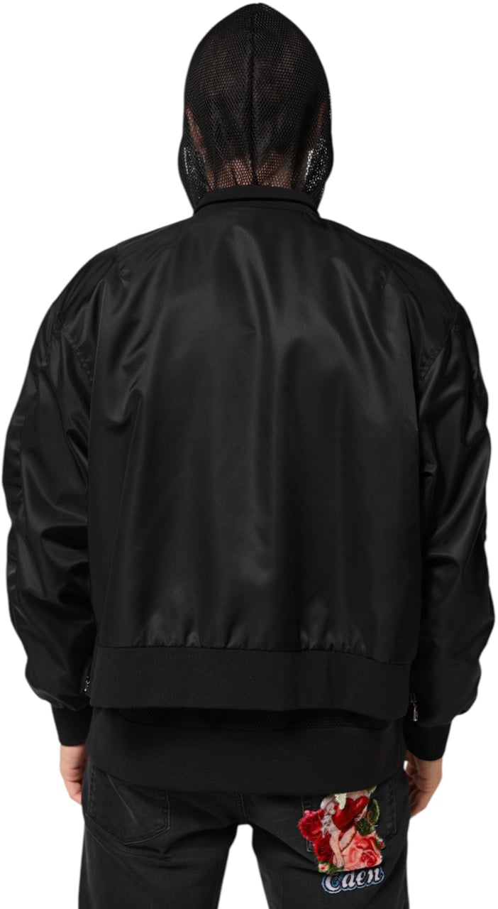 Dolce & Gabbana Black Nylon Hooded Full Zip Bomber Men Jacket Zwart