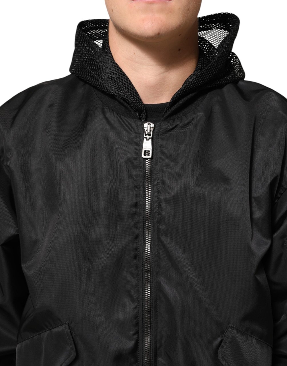 Dolce & Gabbana Black Nylon Hooded Full Zip Bomber Men Jacket Zwart