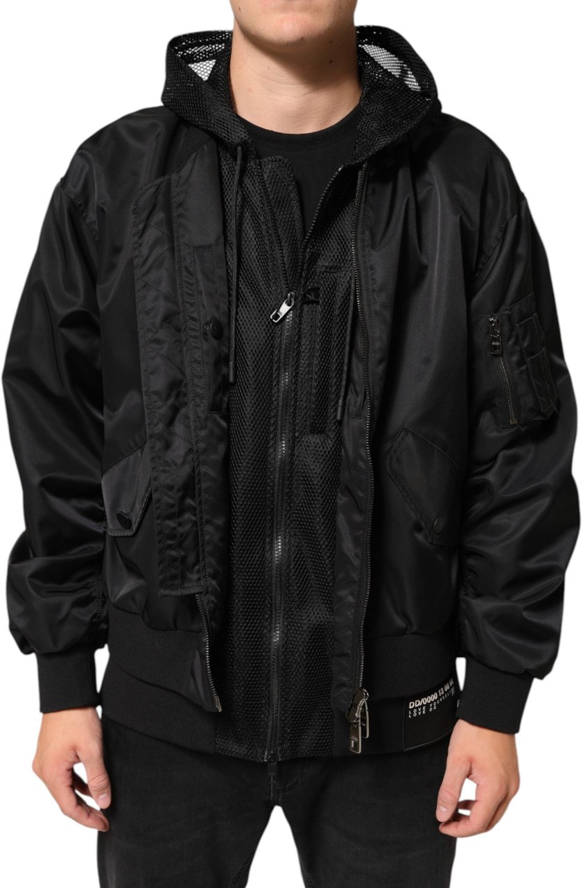 Dolce & Gabbana Black Nylon Hooded Full Zip Bomber Men Jacket Zwart