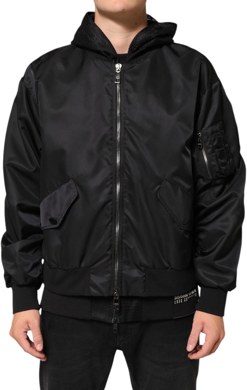 Dolce & Gabbana Black Nylon Hooded Full Zip Bomber Men Jacket Zwart