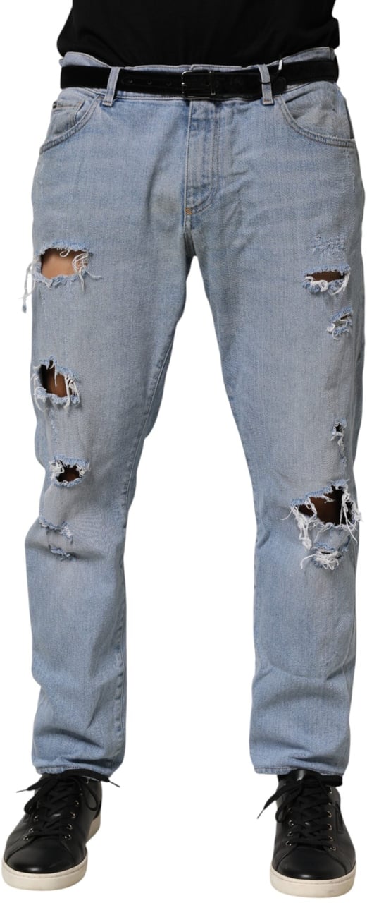 Dolce & Gabbana Blue Cotton Distressed Slim Fit Denim Jeans Blauw