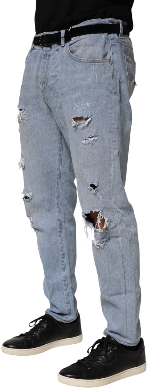 Dolce & Gabbana Blue Cotton Distressed Slim Fit Denim Jeans Blauw