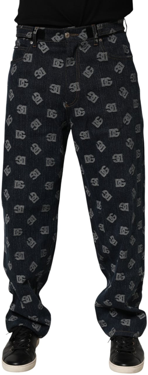 Dolce & Gabbana Blue Logo Print Straight Denim Men Jeans Blauw