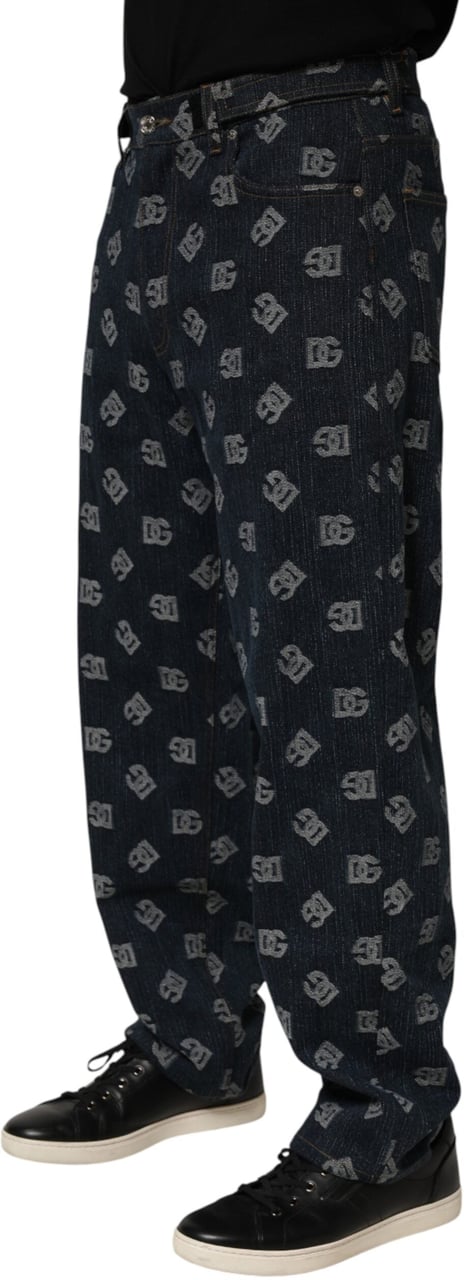 Dolce & Gabbana Blue Logo Print Straight Denim Men Jeans Blauw
