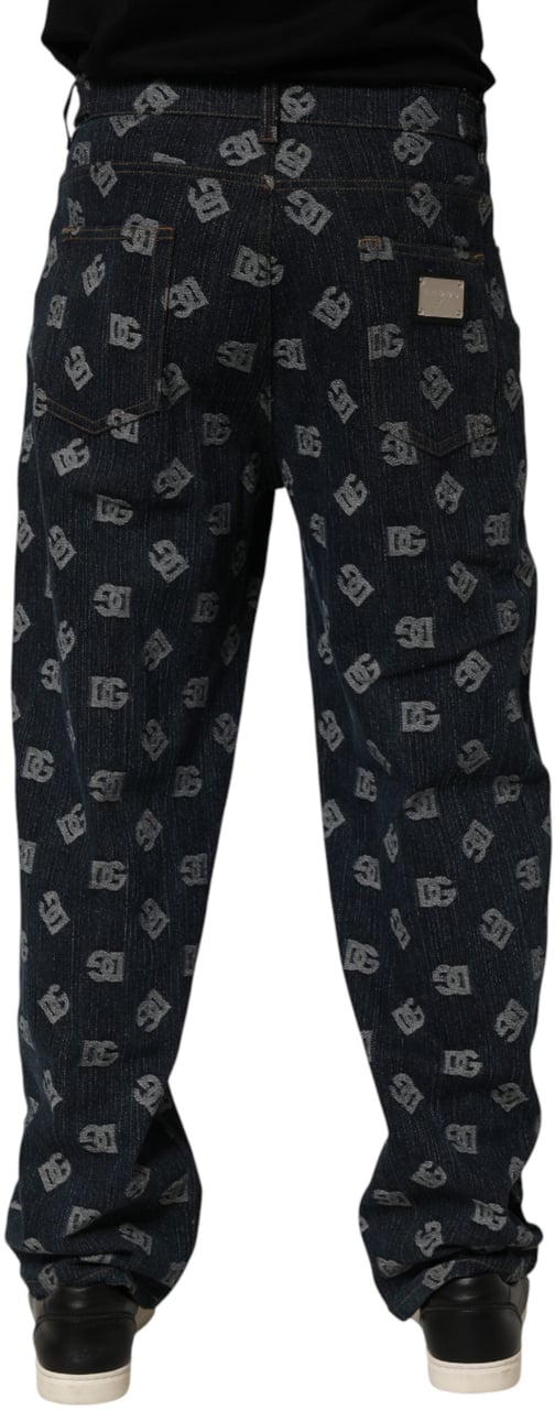 Dolce & Gabbana Blue Logo Print Straight Denim Men Jeans Blauw