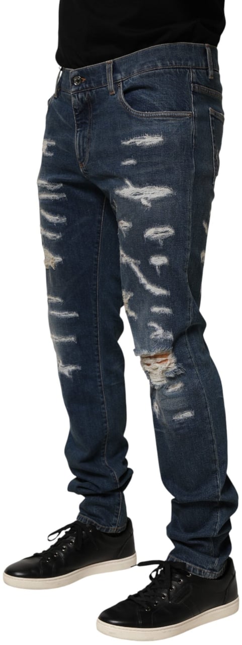 Dolce & Gabbana Blue Tattered Cotton Skinny Men Denim Jeans Blauw