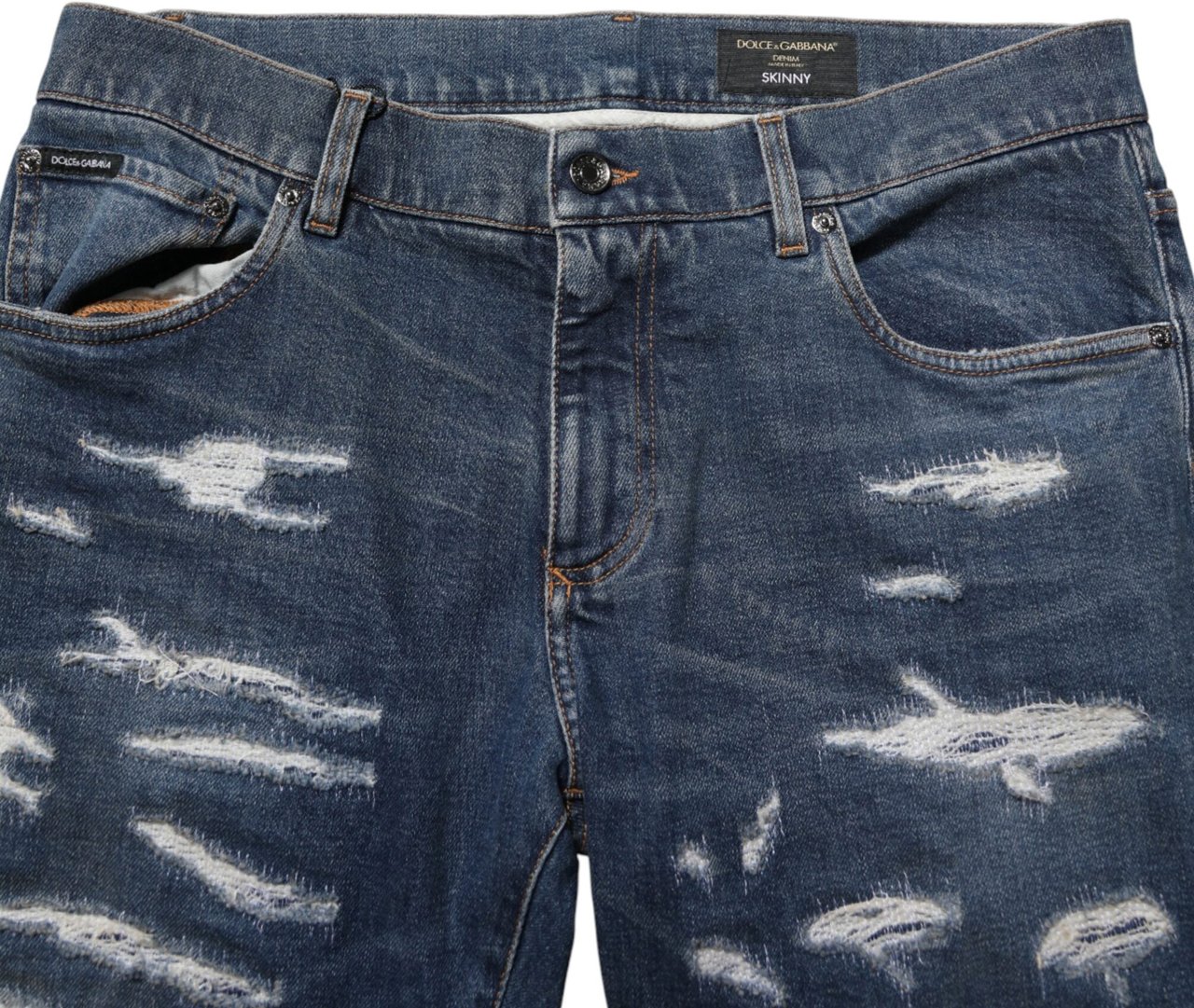Dolce & Gabbana Blue Tattered Cotton Skinny Men Denim Jeans Blauw