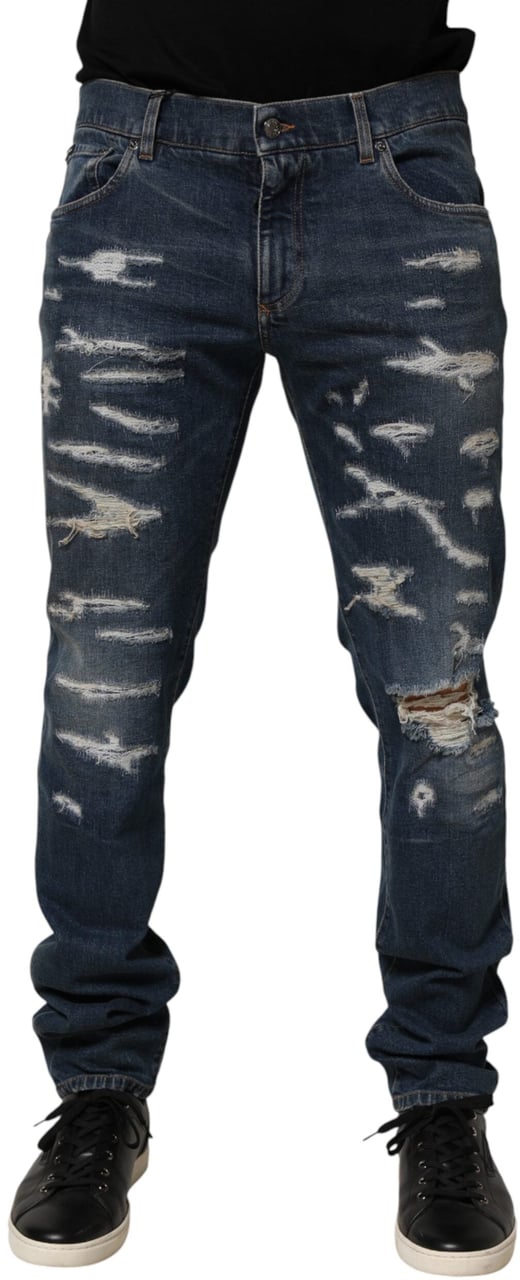 Dolce & Gabbana Blue Tattered Cotton Skinny Men Denim Jeans Blauw