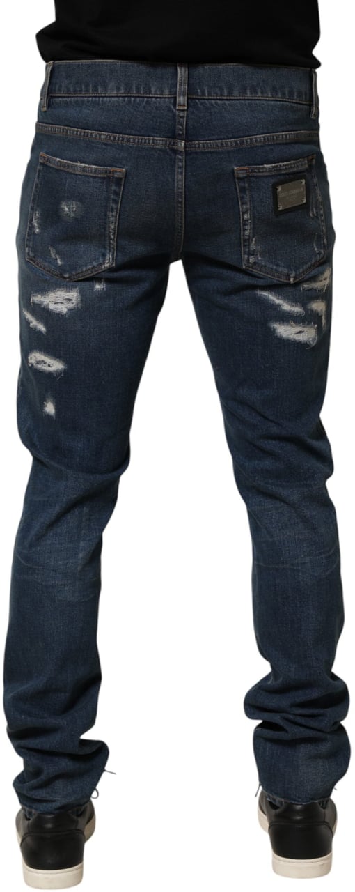 Dolce & Gabbana Blue Tattered Cotton Skinny Men Denim Jeans Blauw