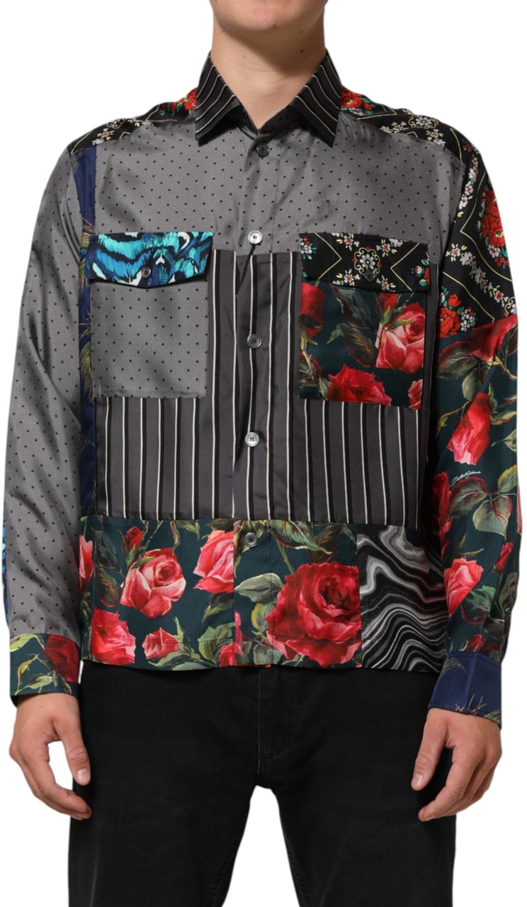 Dolce & Gabbana Multicolor Patchwork Long Sleeves Silk Shirt Divers