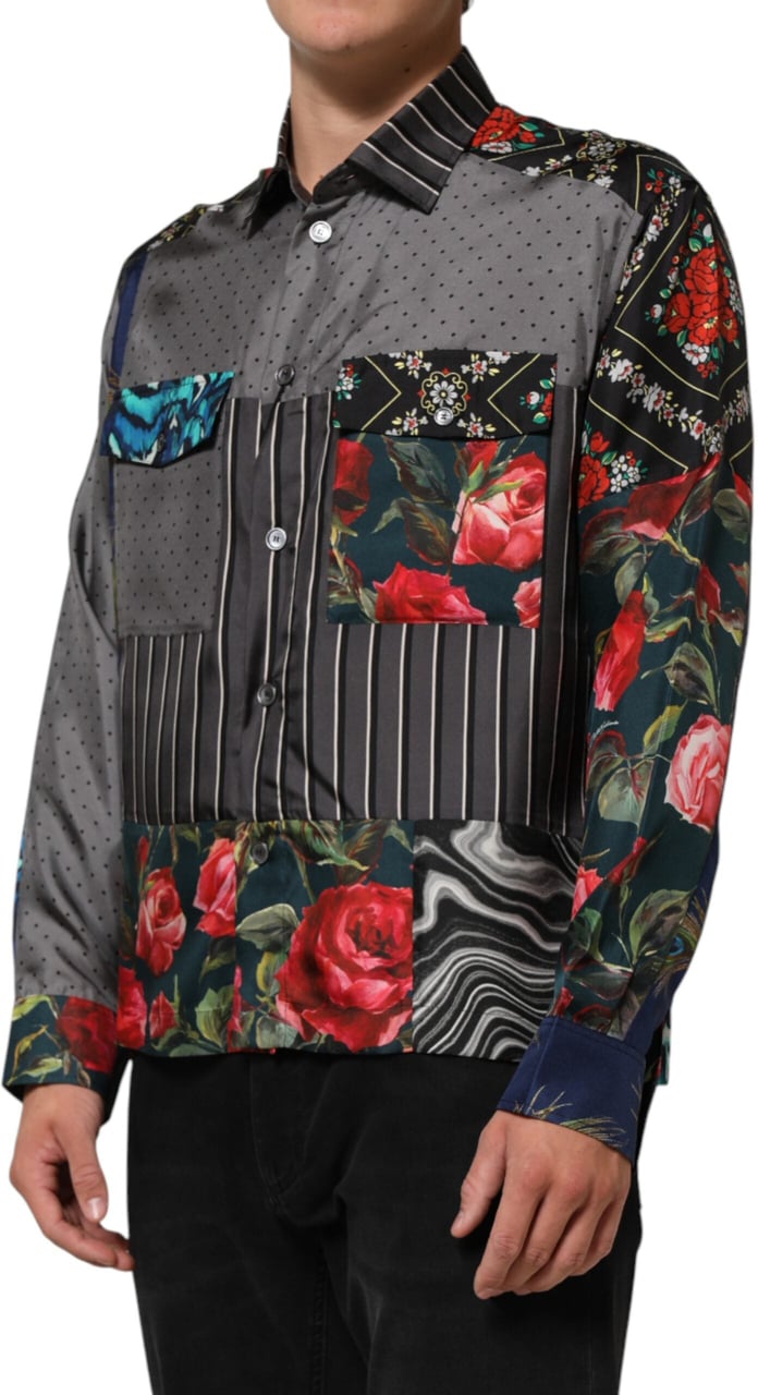Dolce & Gabbana Multicolor Patchwork Long Sleeves Silk Shirt Divers
