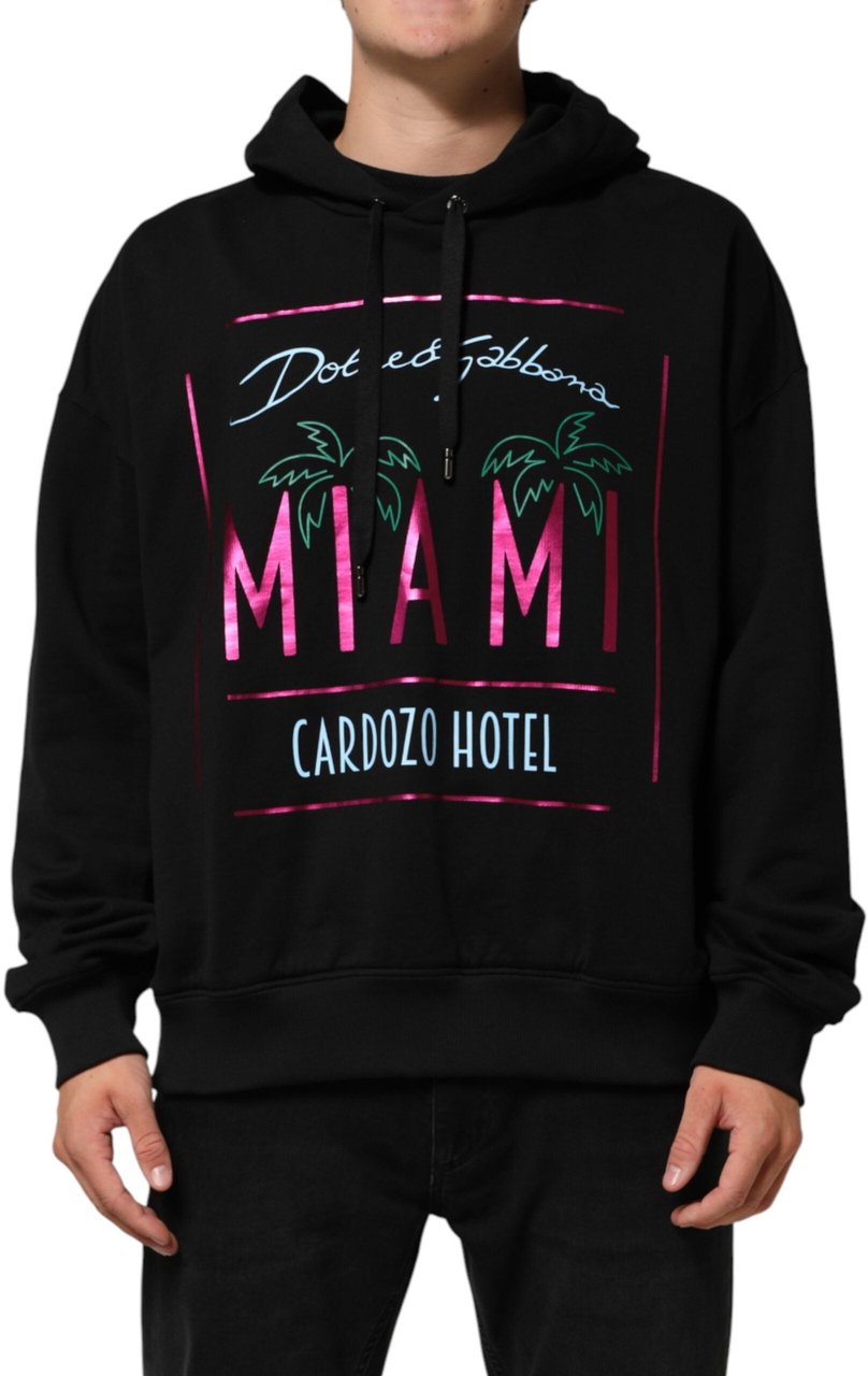Dolce & Gabbana Black Printed Hooded Men Sweatshirt Sweater Zwart
