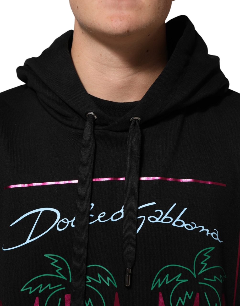 Dolce & Gabbana Black Printed Hooded Men Sweatshirt Sweater Zwart