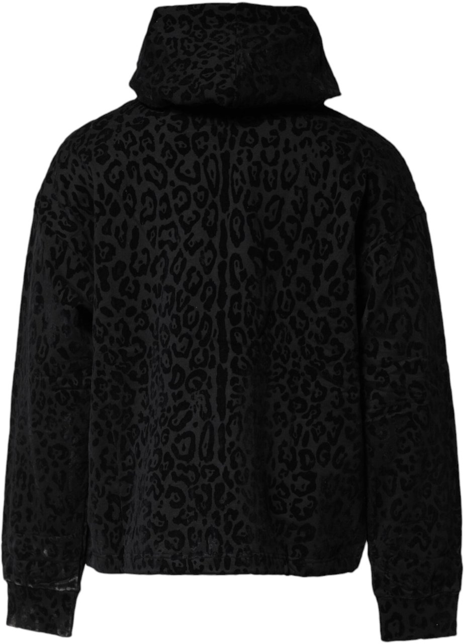 Dolce & Gabbana Black Leopard Full Zip Hooded Sweatshirt Sweater Zwart