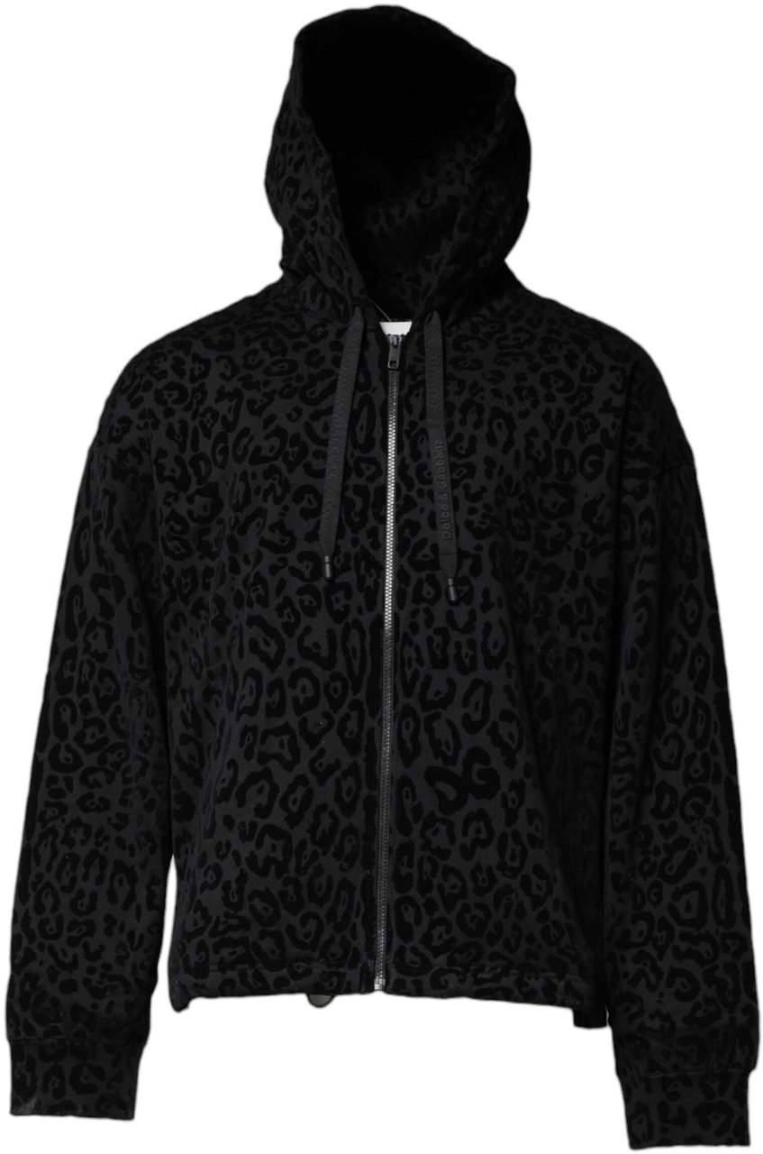 Dolce & Gabbana Black Leopard Full Zip Hooded Sweatshirt Sweater Zwart