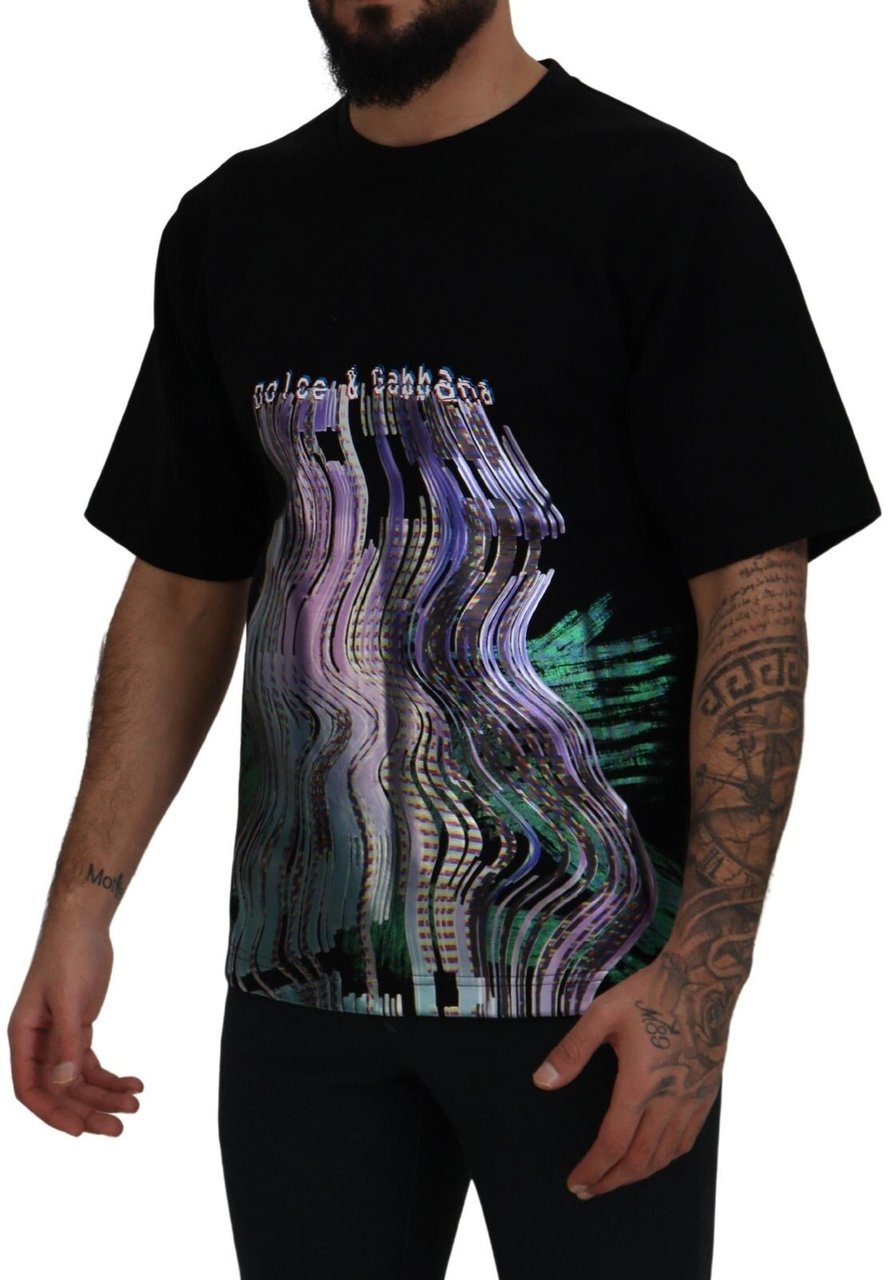 Dolce & Gabbana Cotton Black Printed Crewneck Tee T-shirt Zwart
