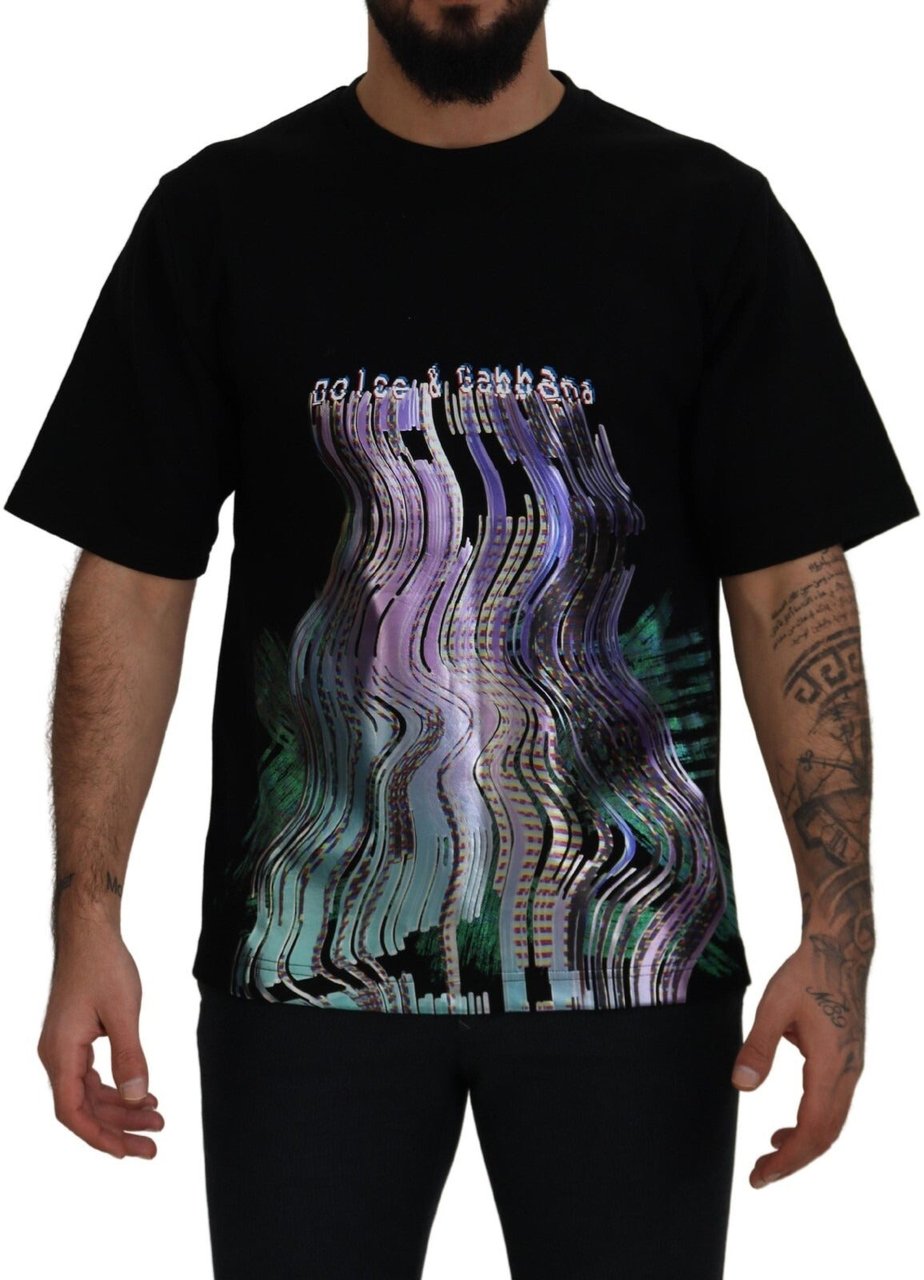 Dolce & Gabbana Cotton Black Printed Crewneck Tee T-shirt Zwart