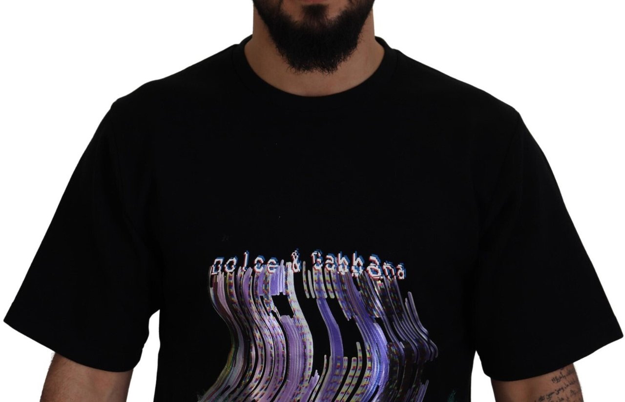 Dolce & Gabbana Cotton Black Printed Crewneck Tee T-shirt Zwart