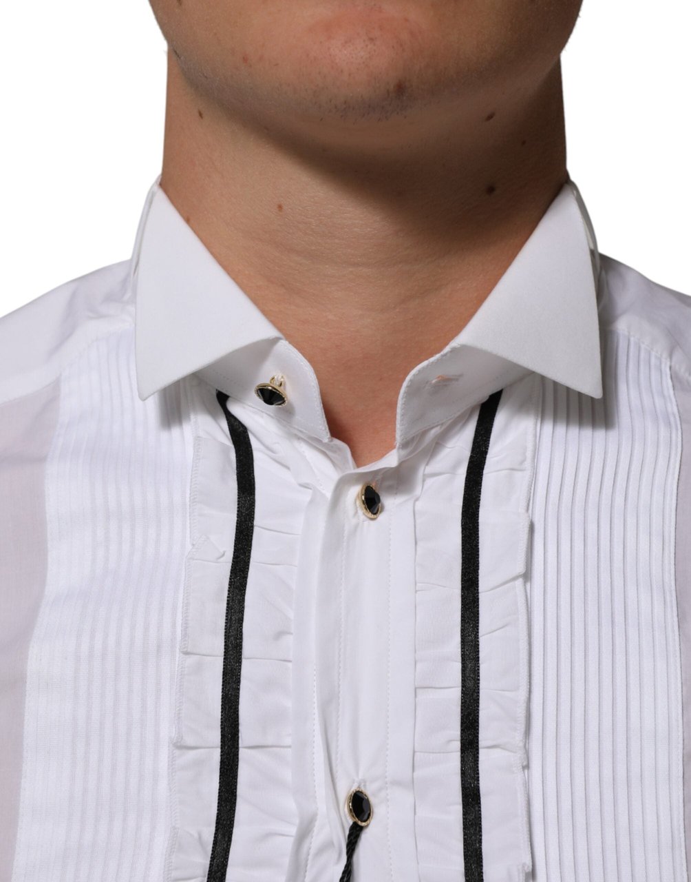 Dolce & Gabbana White Cotton Collared Long Sleeve GOLD Dress Shirt Goud
