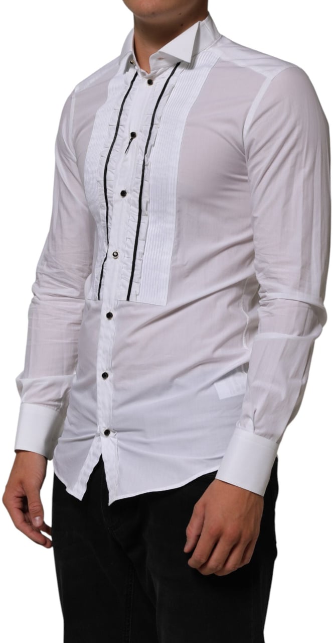 Dolce & Gabbana White Cotton Collared Long Sleeve GOLD Dress Shirt Goud