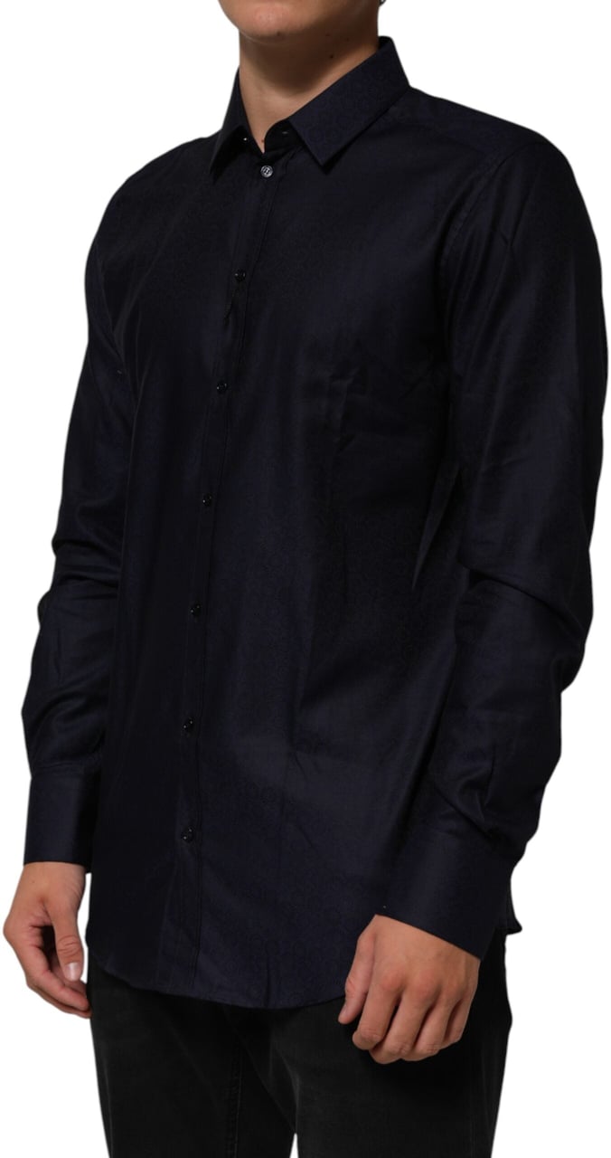 Dolce & Gabbana Blue Cotton Collared Long Sleeve GOLD Men Dress Shirt Goud