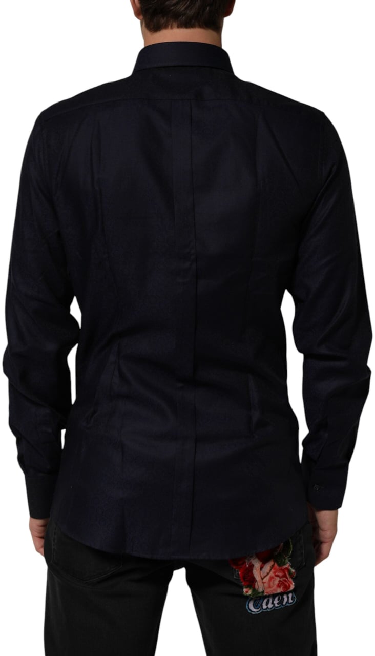 Dolce & Gabbana Blue Cotton Collared Long Sleeve GOLD Men Dress Shirt Goud