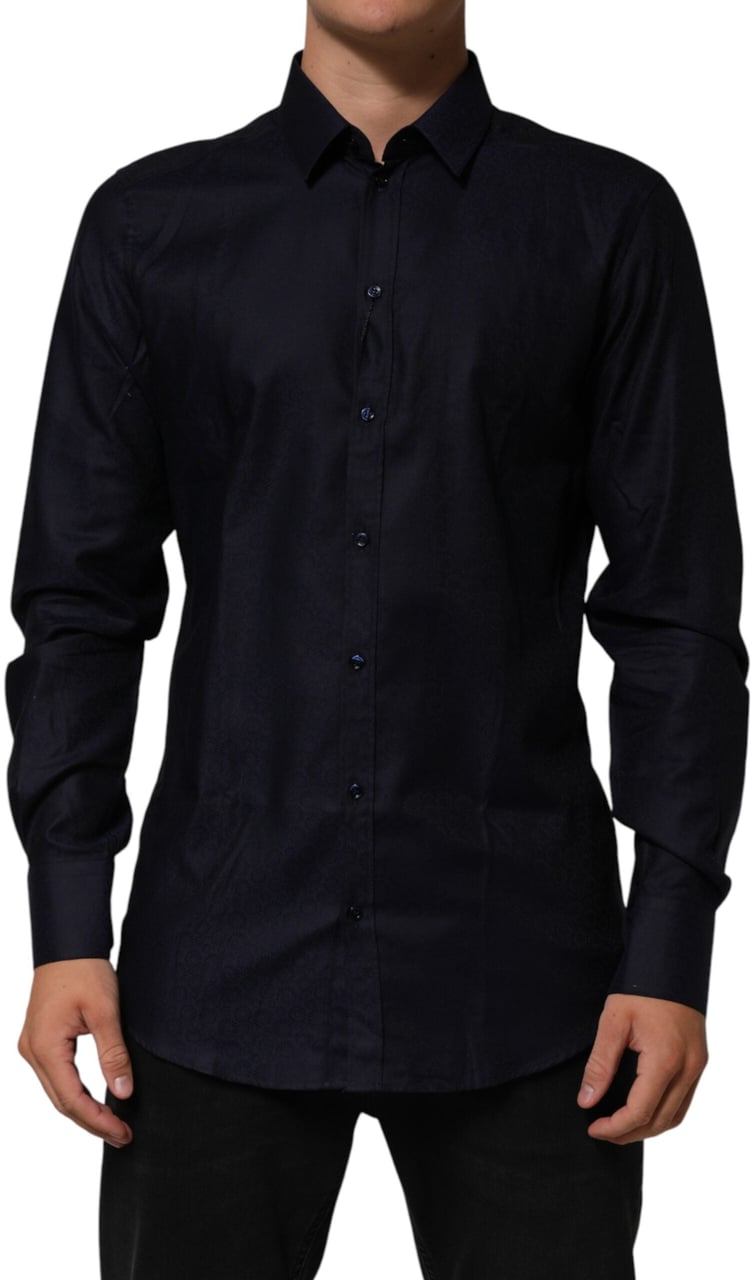 Dolce & Gabbana Blue Cotton Collared Long Sleeve GOLD Men Dress Shirt Goud