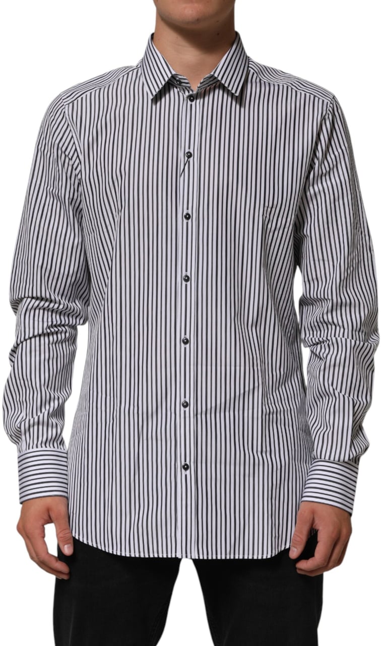 Dolce & Gabbana Black White Stripes Men GOLD Dress Shirt Zwart