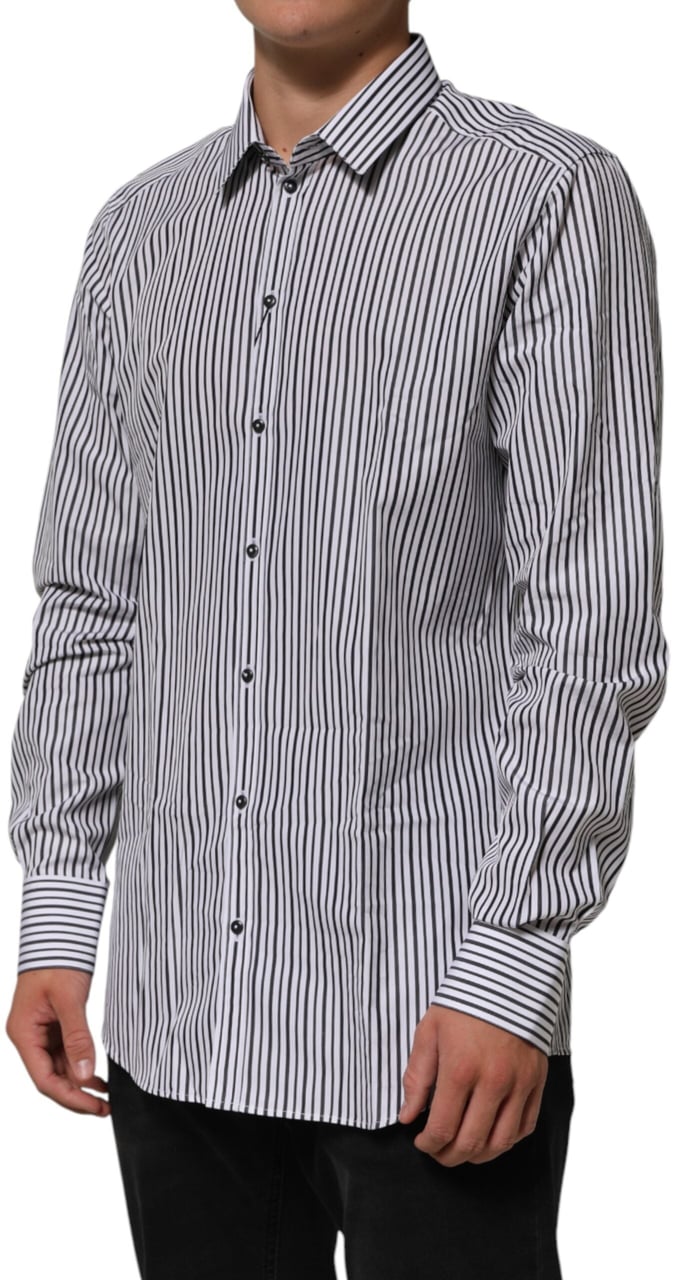Dolce & Gabbana Black White Stripes Men GOLD Dress Shirt Zwart