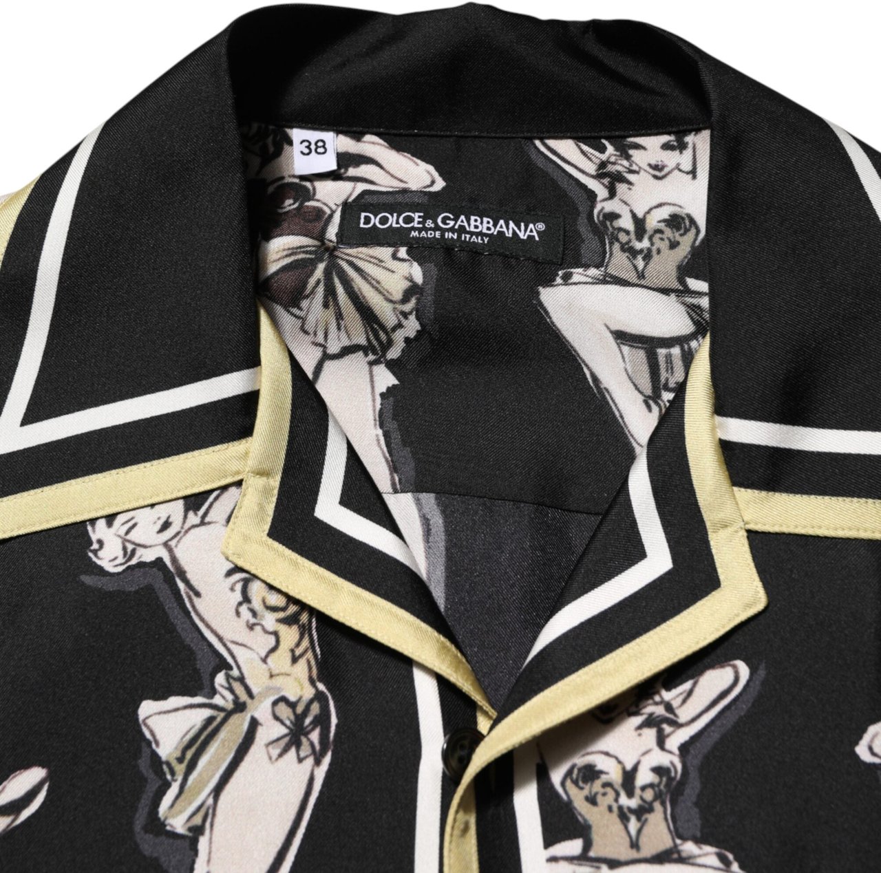 Dolce & Gabbana Black Silk Pin Up Printed Button Down Shirt Zwart