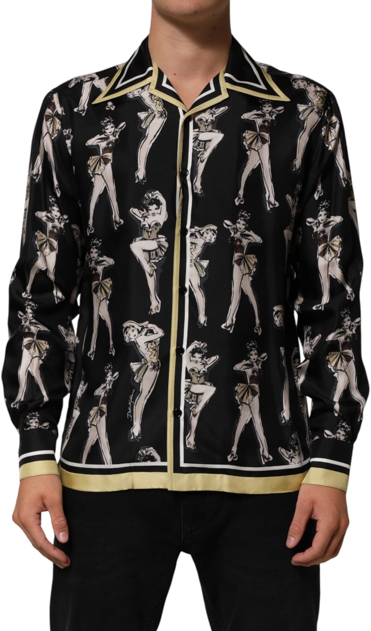 Dolce & Gabbana Black Silk Pin Up Printed Button Down Shirt Zwart