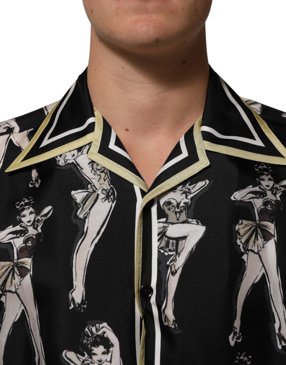 Dolce & Gabbana Black Silk Pin Up Printed Button Down Shirt Zwart